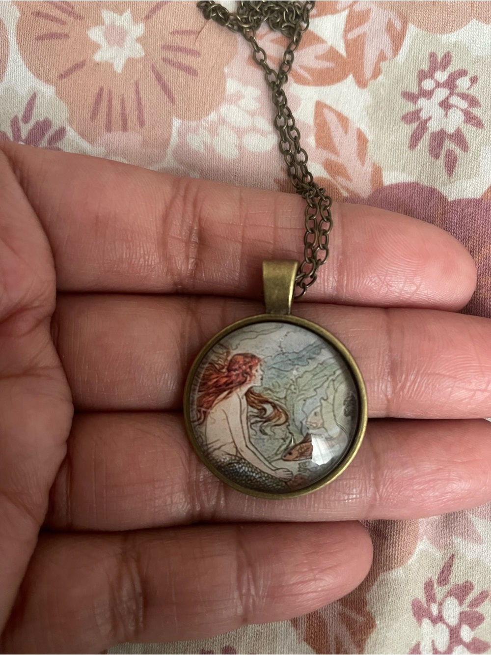 Bronze Mermaid Pendant Necklace with Red-Accented Illustration